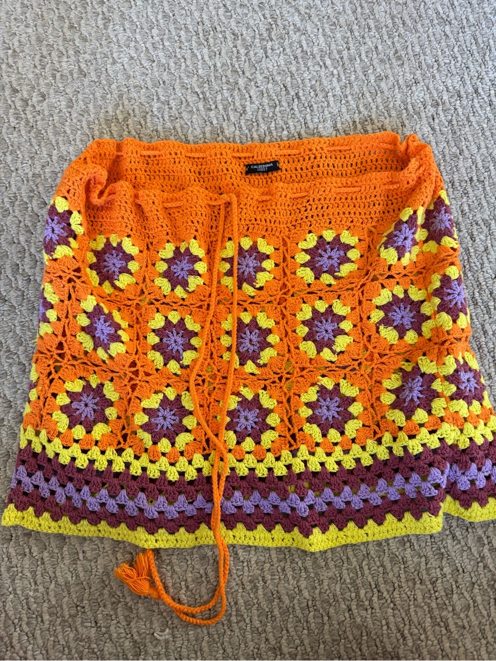 Crochet Swim Coverup Skirt in Orange with Purple & Yellow Accents